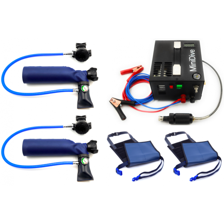 2 Mini Dive Pro (0.5 L / 30 cu in) + 12v / 110v / 220v Mini Compressor + 2 Harnesses